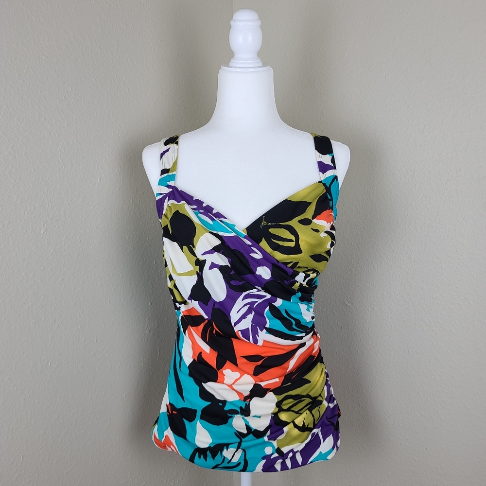 Miraclesuit swimwear top size 14 multi-color floral wrap neckline straps